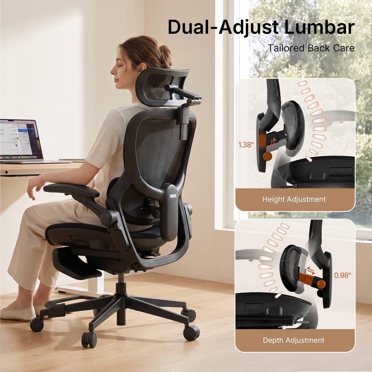 Dual-adjust lumbar support with height and depth adjustment on CabLady S2 Petite Ergonomic Office Chair