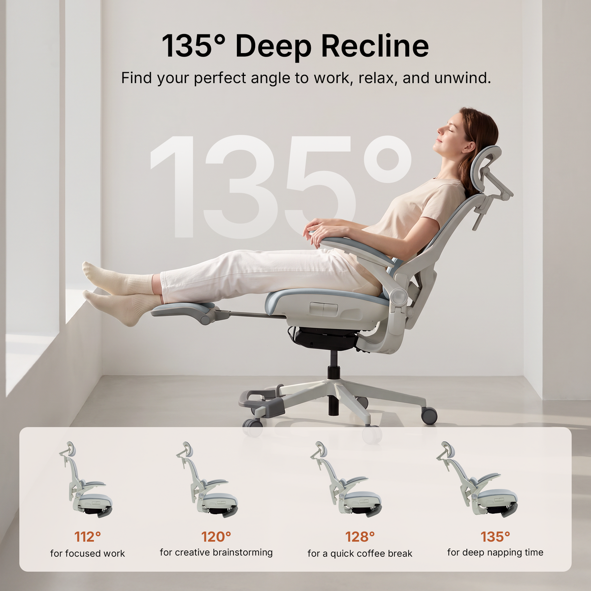 Grey CabLady S2 Petite office chair reclining to 135 degrees with extendable footrest for work and relaxation