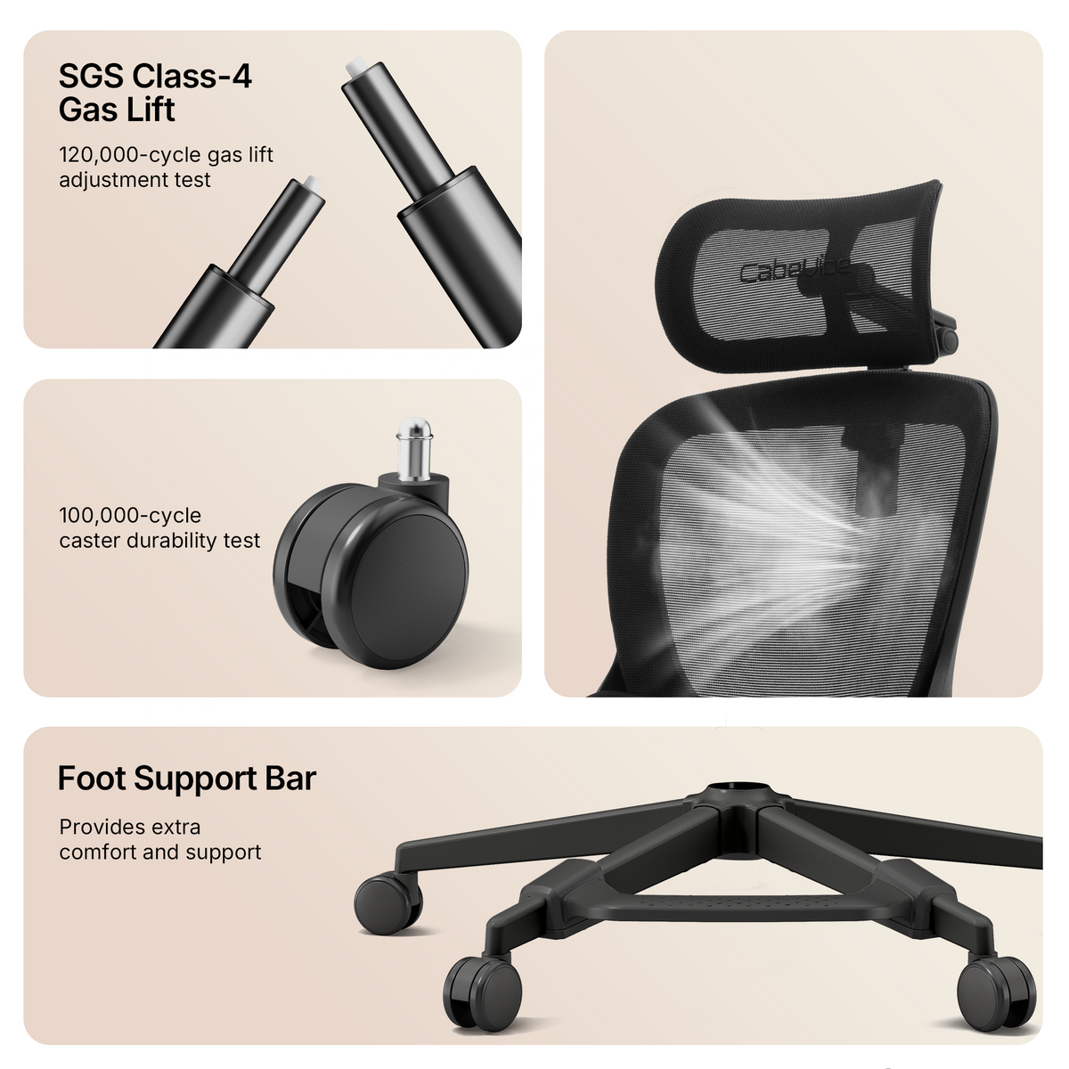 CabLady S2 Petite Ergonomic Office Chair with SGS Class-4 gas lift, durable casters and foot support bar