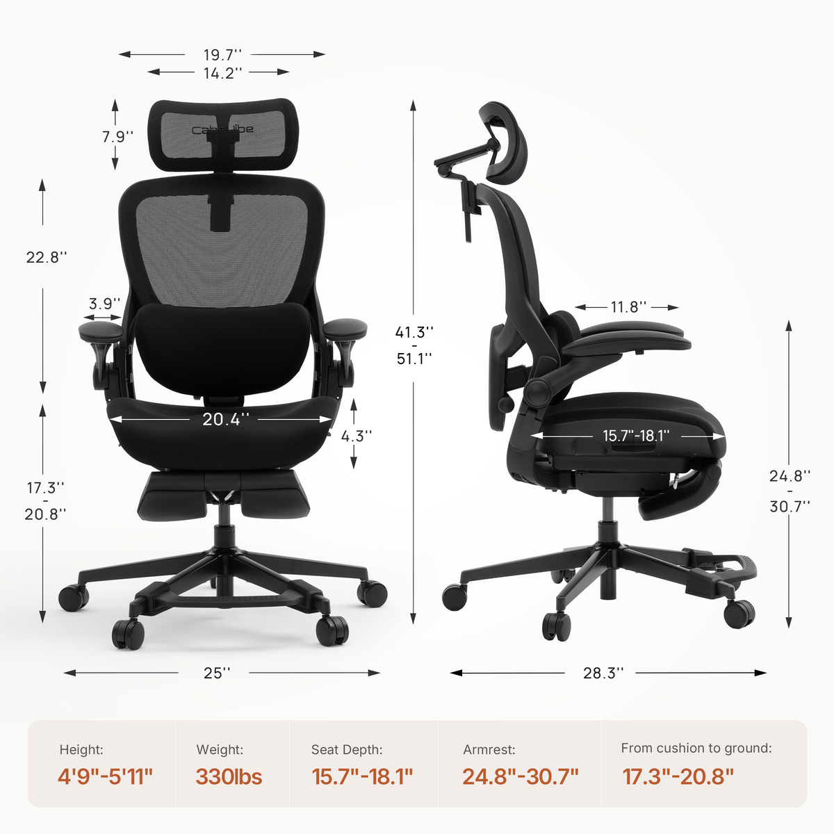 CabLady S2 Petite Ergonomic Office Chair dimensions with adjustable seat depth and seat height