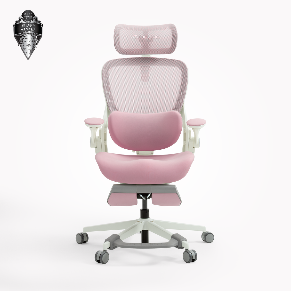 Front view of the CabeVibe S2 pink ergonomic office chair with mesh back, lumbar support and foot support bar