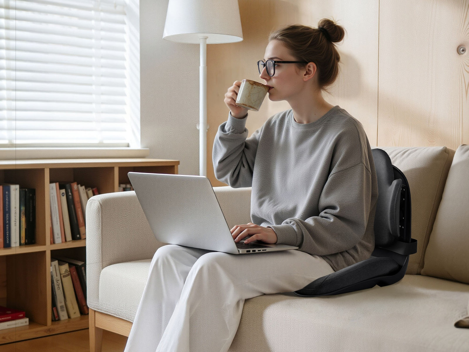 Woman working on a laptop on the sofa with the M3 Spineseat supporting her back