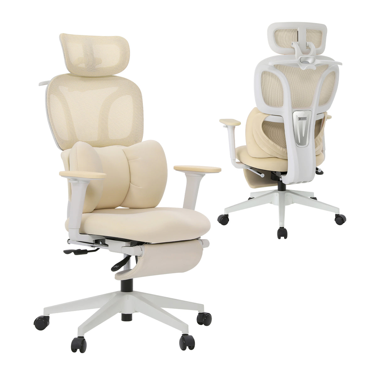 CabLady S1 Embrace Ergonomic Office Chair in cream, front and rear three-quarter views #color_cream