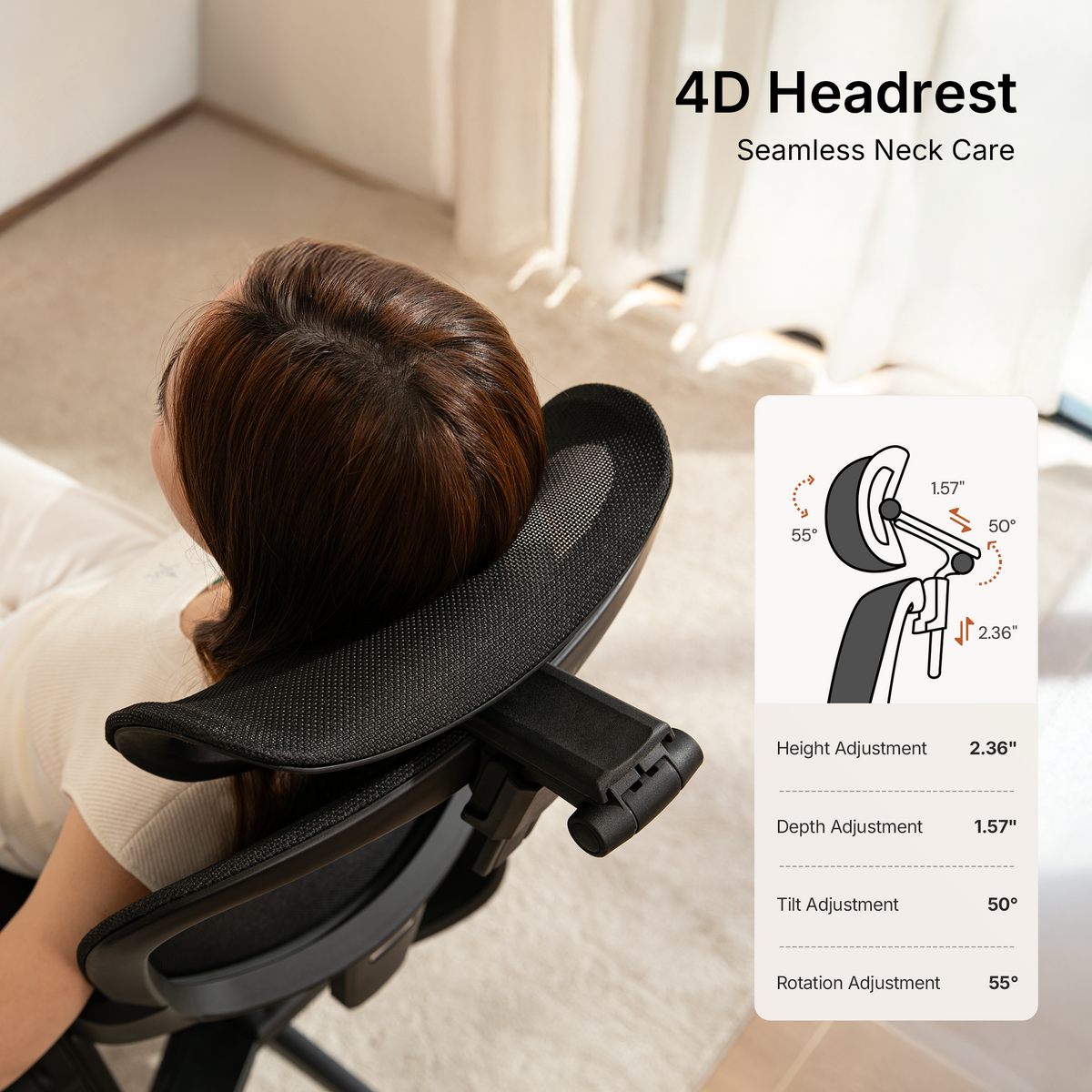 4D adjustable headrest on CabLady S2 Petite Ergonomic Office Chair for personalized neck support 