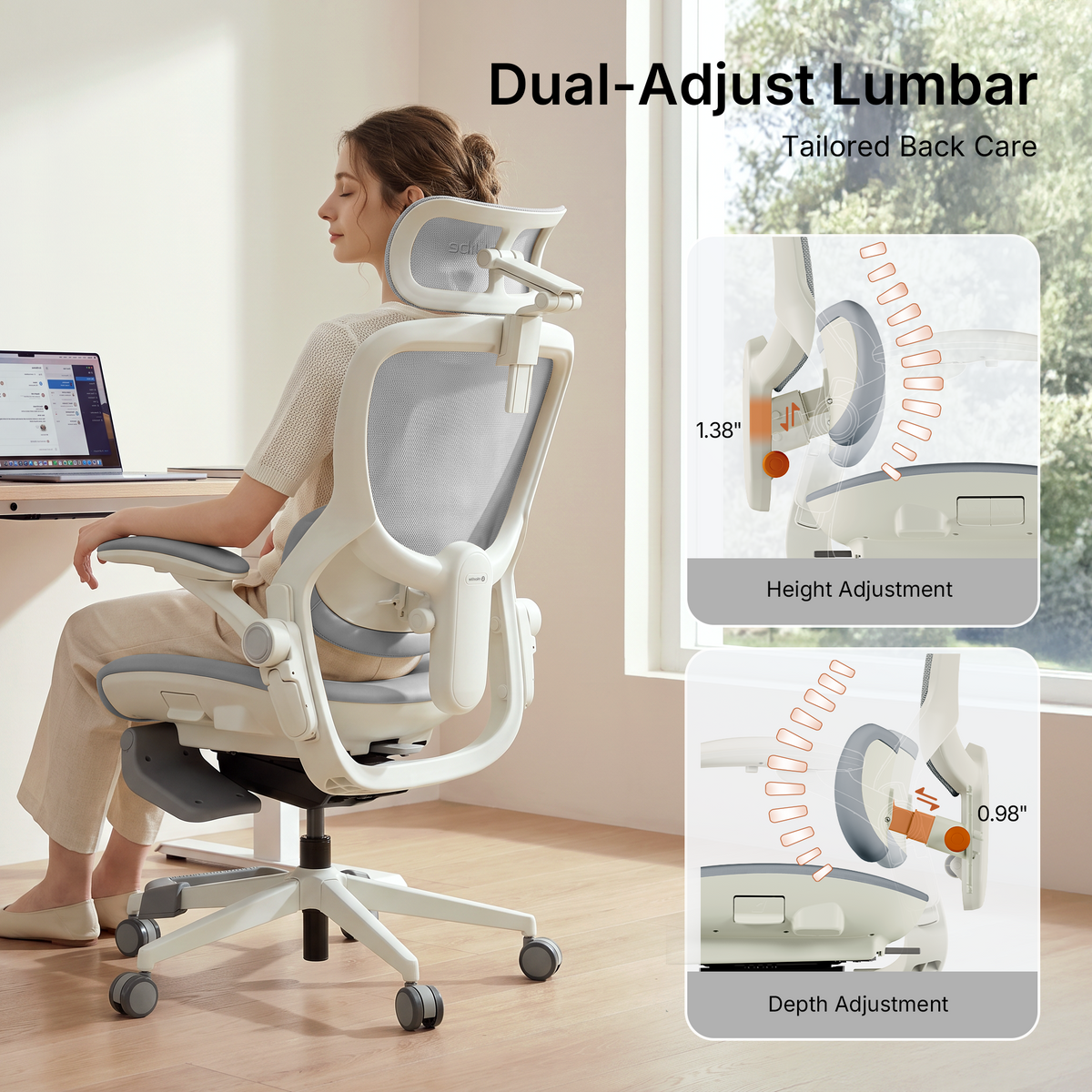 CabeVibe CabLady S2 Petite grey ergonomic chair featuring height and depth adjustable lumbar support 