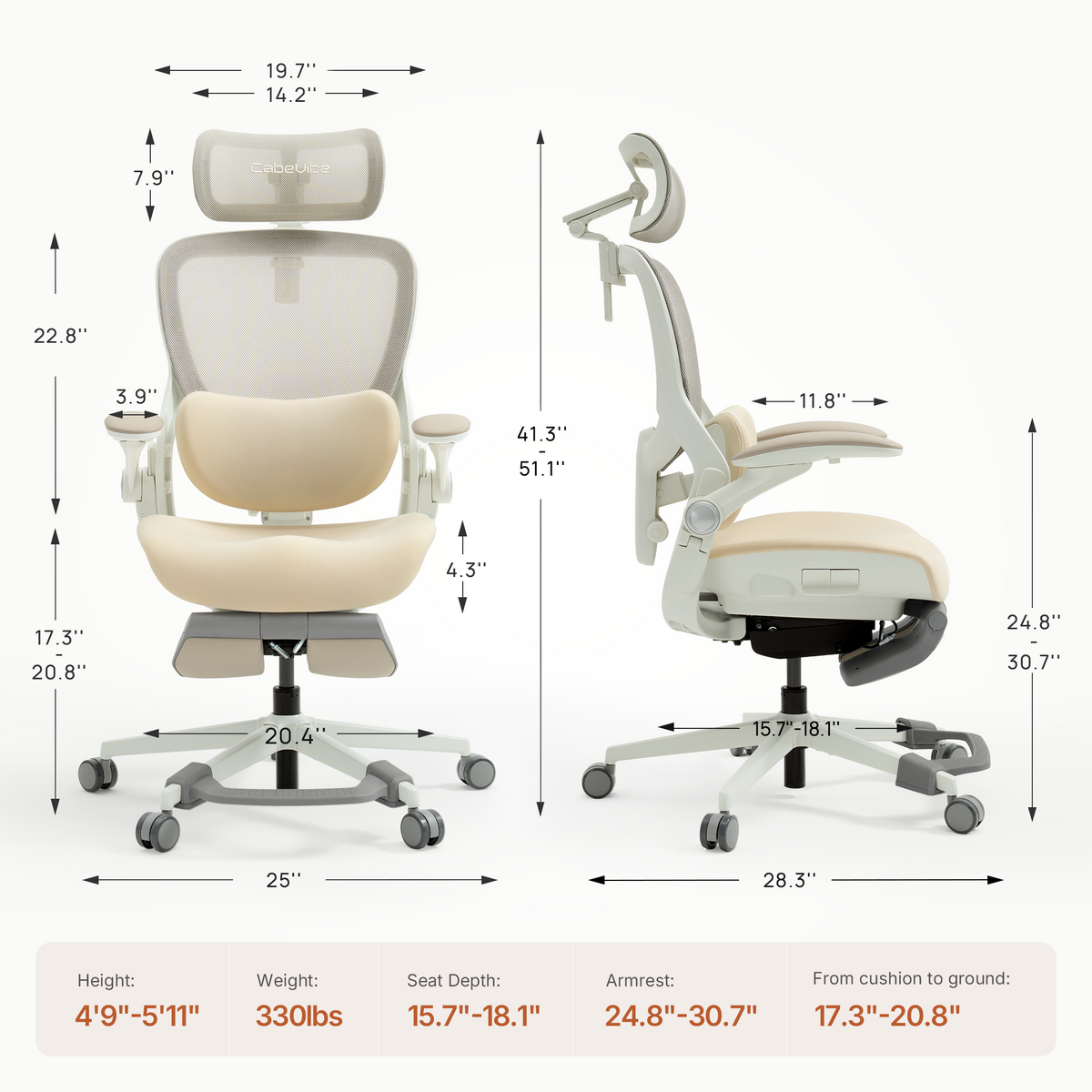 CabeVibe CabLady S2 Petite ergonomic office chair dimensions and adjustable size range #color_cream